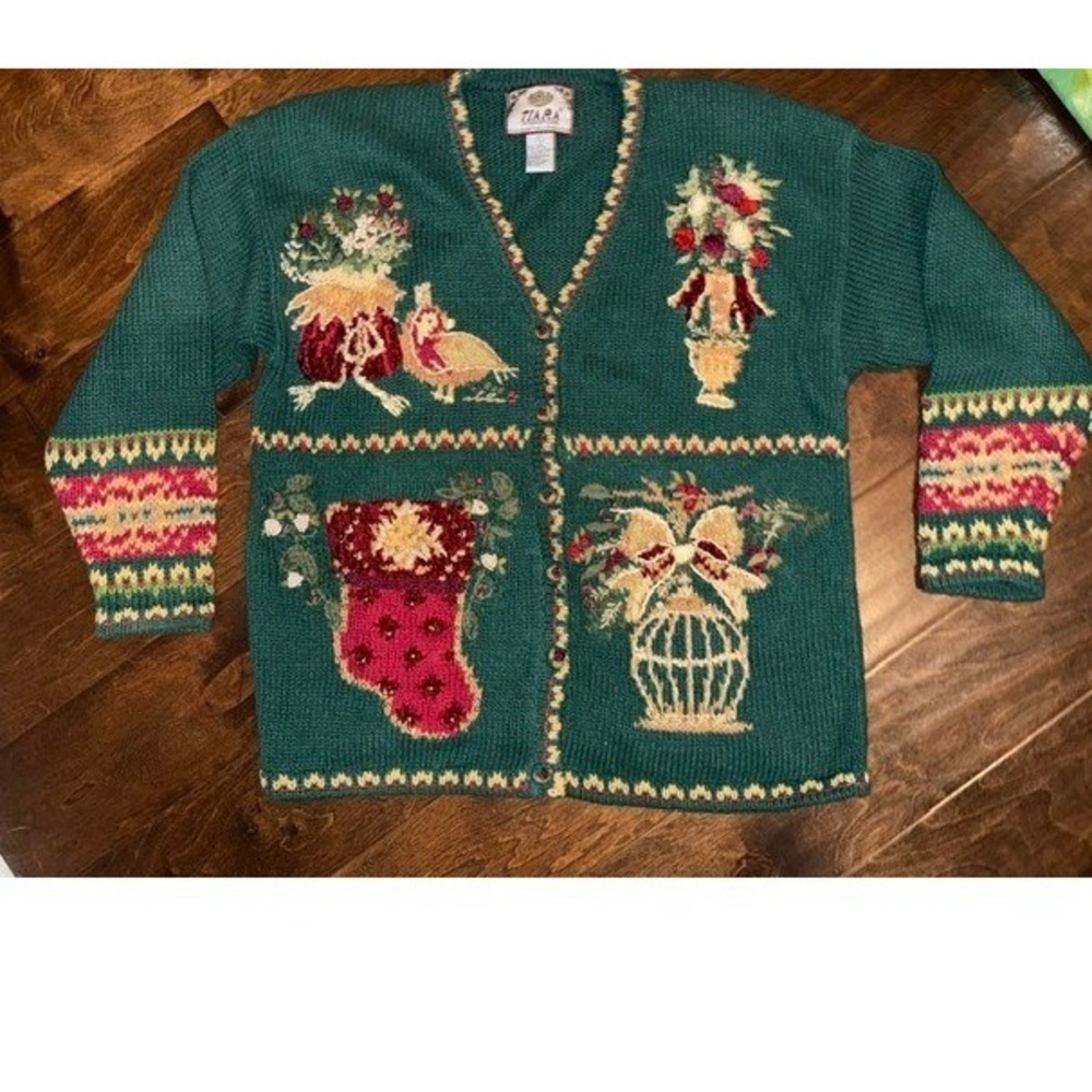 Tiara International Green Christmas Cardigan Embroidered Holiday Sweater Large